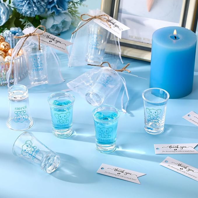 Pickmesh 25 Sets Baby Shower Shot Glasses for Guests Include Acrylic Clear Shot Glasses Thank You Cards Organza Bags Babies Shower Gifts for Gender Reveal Party Supplies (Elephant Boy)