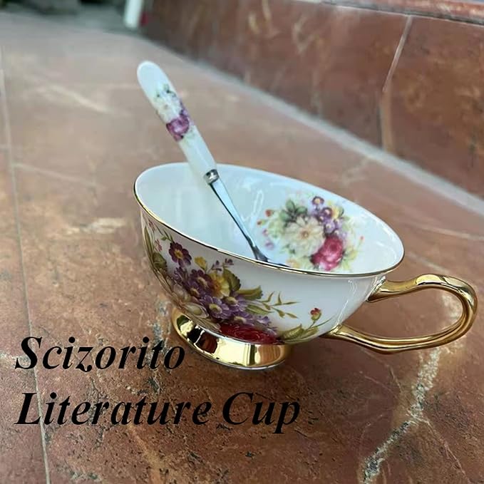 Honorable Coffee Cup Mug, Cappuccino, Tea Cup, with Saucer for Latte, Fine Bone Porcelain, Reactive Glaze, 6.8 Oz-1pcs (Flowers in Full Bloom)
