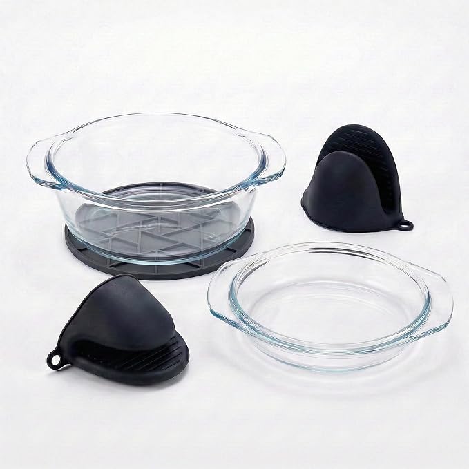 Glass Air Fryer Liners Set for 5-8 QT, Reusable Non-Toxic Glass Airfryer Basket Insert with Silicone Mitts & Trivet Mat, Oven & Dishwasher Safe Air Fryer Accessories