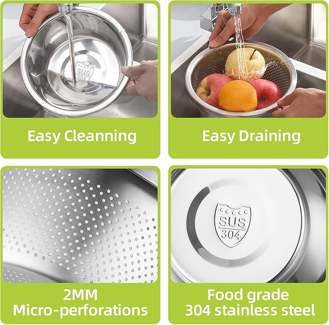 304 Stainless Steel Colander Microporous with Mixing Bowls, 2-Quart Strainers and Colanders for Kitchen, Food-Grade Strainer for Washing Vegetables, Fruit and Rice, Dishwasher Safe(2PCS)