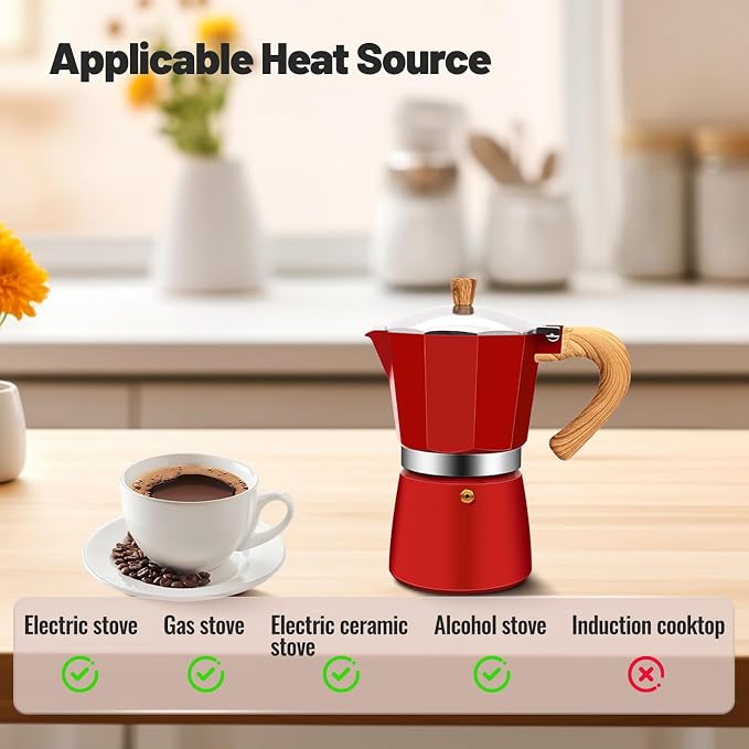 3 Cup Aluminum Moka Pot Classic Stovetop Espresso Coffee Maker 150ml 5oz Coffeemaker Percolator Mocha Pot Greca Coffee Maker Cafe Makers for Italian and Cuban Café Brewing Red