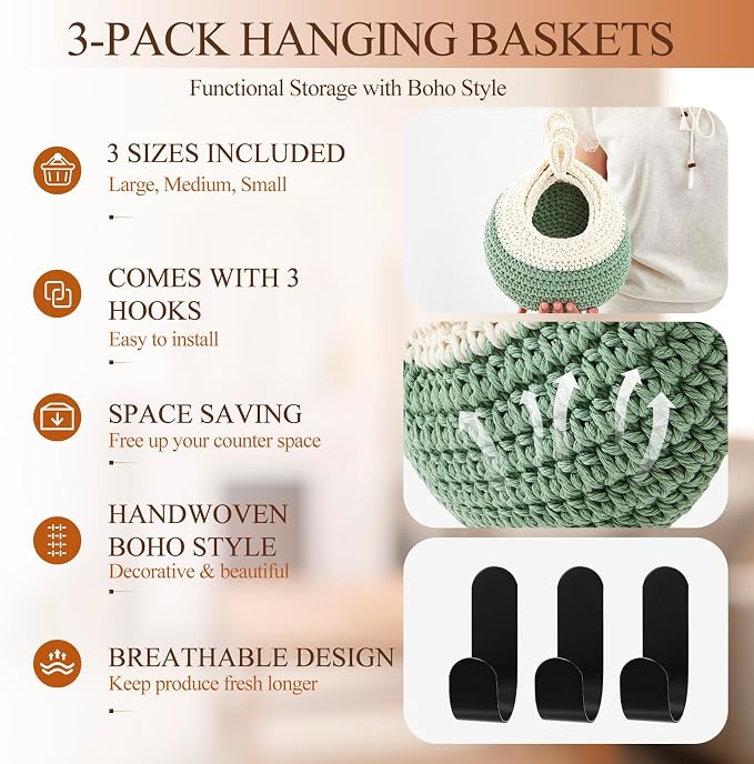 Honeydak Boho Decor Hanging Wall Baskets for Kitchen 3 Pack Teardrop Baskets with Hooks Storage Fruit Onion Vegetable Potato for Home 3 Sizes(White with Sage Green,Teardrop,Cotton Rope)