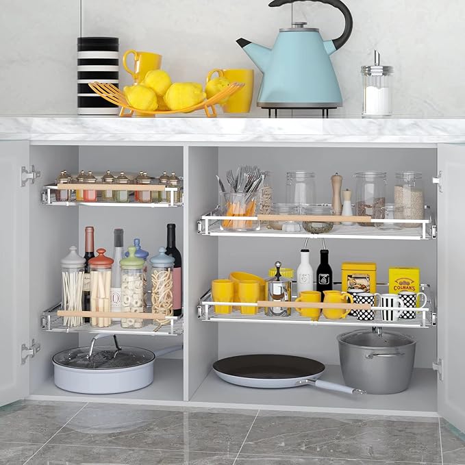 Pull Out Cabinet Organizer, Heavy Duty Steel Metal Roll Out Shelves for Kitchen Cabinets, Adjustable Cabinet Pull Out Shelves For Cabinets Capacity Heavy Duty Caddy, 23~39.8"W x 22.5"D. 2Pack