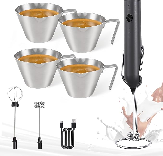 YARRAMATE Black Powerful Milk Frother Wand & 100ml Metal Measuring Cups (Silver)