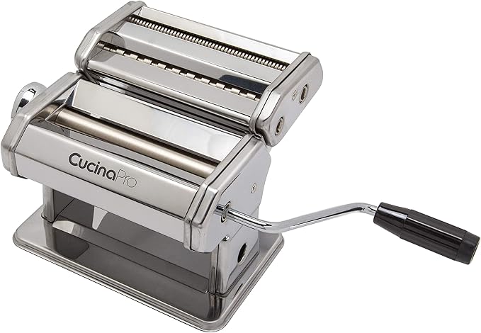 Pasta Maker Machine- Heavy Duty Chrome Coated Steel Construction with Fettucine & Spaghetti Attachments, Rollers w Adjustable Thickness Settings, Manual Hand Crank for Precise Noodles w Recipe Guide