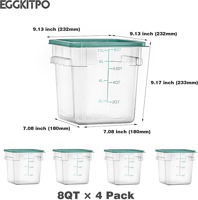 EGGKITPO 4 Pack 8 QT Food Storage Containers with Green Lids Handle and Scarle Stackable Clear Square Commercial Container Set For Dough Proofing Home Restaurant Kitchen Supply BPA-Free Polycarbonate