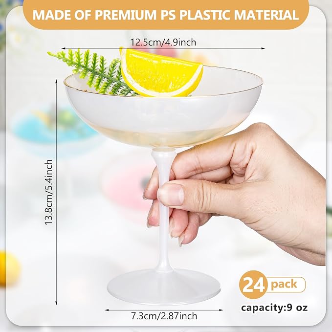 LemonRoad 24 Pcs Plastic Coupe Glasses 9 oz Disposable Martini Glasses for Cocktails, Champagne, Desserts and Espresso, Drinkware Set for Weddings, Birthday Parties, Home Bars (Pearl White)
