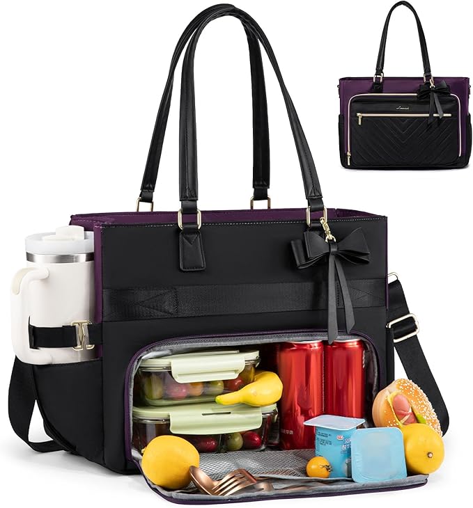 LOVEVOOK Lunch Tote Bag, Large Capacity Insulated Lunch Tote with Compartment, Computer Bag with Purse for Work, Nurse, Business, Black-Purple 15.6 Inch