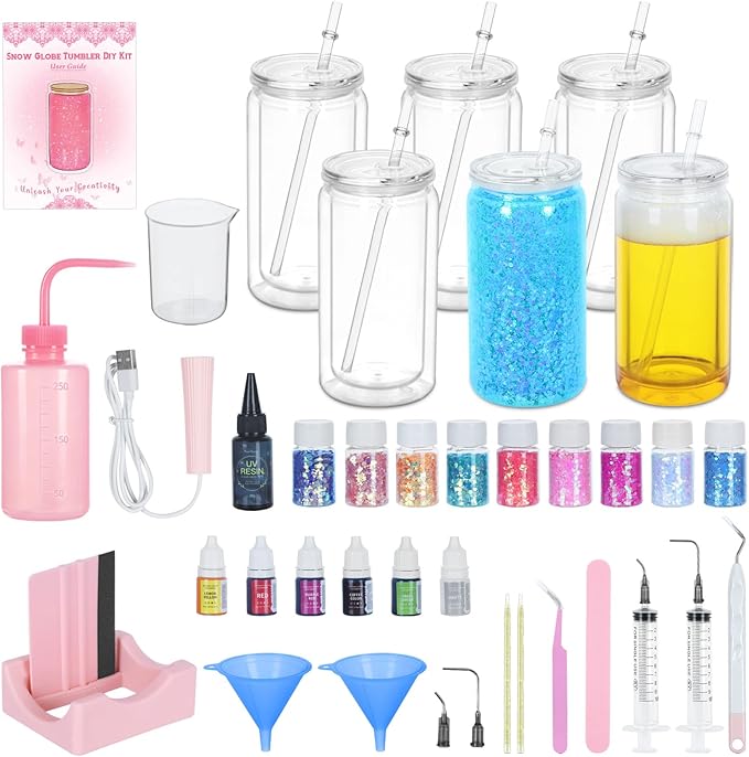 6 Pack 16 Oz Acrylic Snow Globe Tumbler Supplies Starter Kit, Double Wall Plastic Pre-Drilled Snowglobe Tumbler Cup Tool Set, Including Squeeze Bottle Cup Cradle and Scraper etc.