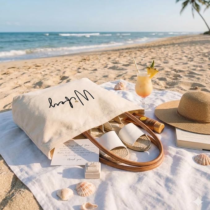 Bride Tote Bag, Embroidered Canvas Wedding Essential Tote, Bridal Shower Engagement Bachelorette Beach Bag