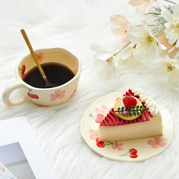 Vesici 1 Set Ceramic Coffee Mug Set with Saucer and Spoon Cute Mothers Day Gifts for Mom 8.5 oz Vintage Floral Tea Cup Aesthetic Mug Gift for Women, Dishwasher and Microwave Safe (Classic Style)
