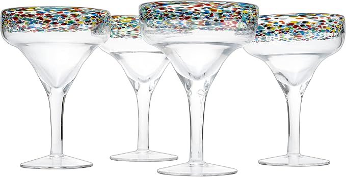 Margarita Glasses – Set of 4 - Luxury Hand Blown Confetti Margaritas, Cocktails, Water, Wine, Dessert, Martini & Champagne Cinco de Mayo, Hand Blown - Mexican Confetti Design Glass, Party, Home & Bar