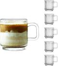 Glass Coffee Mugs 6 Pack - 12 OZ Premium Coffee Cups with Handles - Classic Vertical Stripes Transparent Tea Cup Set for Hot Cold Beverages