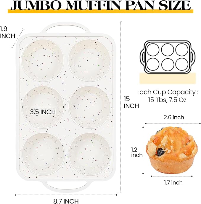 Jumbo Muffin Pan with Metal Frame Nonstick 6 Cup Extra Large Silicone Cupcake Pan for Baking, Deep Jumbo Muffin Tray for Egg Bites Muffins, Confetti Color Cream Gifts for Mom Home Baker（1 Pc）