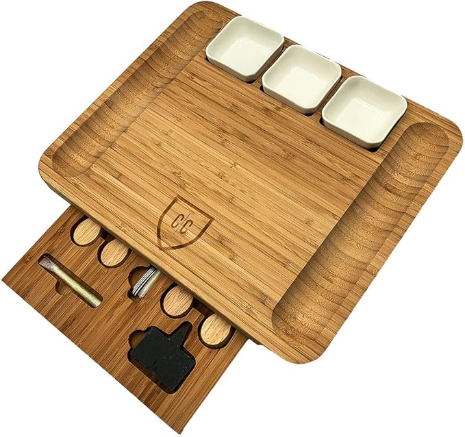 Carnivore Club Bamboo Charcuterie Board Set - Extra-Large Modern Rectangular Serving Platter with Cheese Knives, Ceramic Bowls, Slate Markers & More