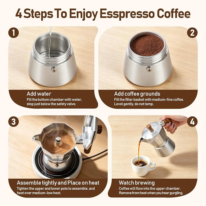 Stovetop Espresso Moka Pot Coffee Maker, Non-slip Wood Grain Handle, Cast Aluminum, Compatible with Gas, and Electric Stoves (Silver, 3 cups)