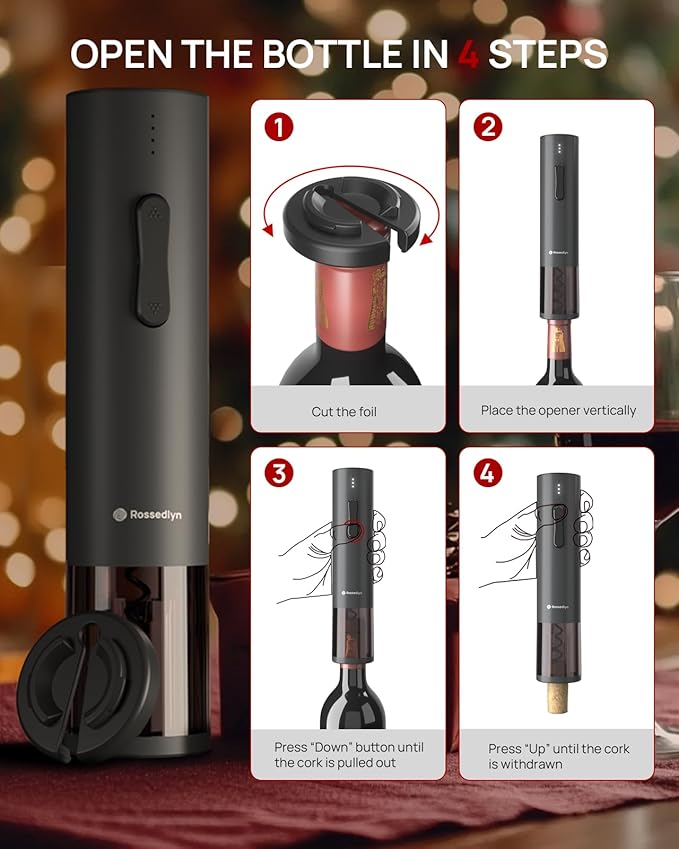 Rechargeable Electric Wine Opener Gift Set - Aerator, Bottle Opener, Foil Cutter, Wine Vacuum Pump and Stoppers for Home Bar Outdoor Party