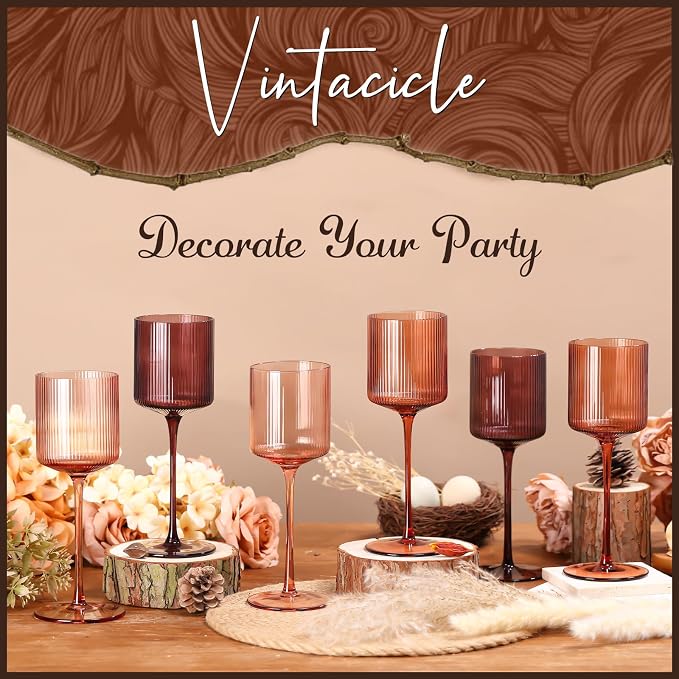 Melanin Colored Square Wine Glasses Set of 6, Elegant Ribbed Design Amber Crystal Glassware with Long Stem, 11.5oz Hand Blown Red & White Wine Stemware For Home Bar Deco,Party,Wine Dinner- Multicolour