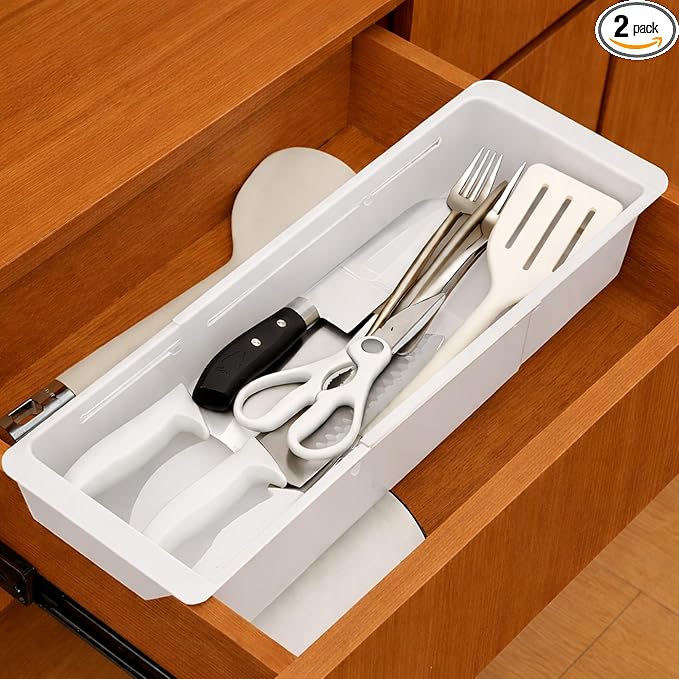 2-Pack Expandable Drawer Organizer for Deep Drawers, Adjustable Storage Tray (17–27 in), Durable PP Smooth Glide Divider for Kitchen, Vanity & Office, Space-Saving Design
