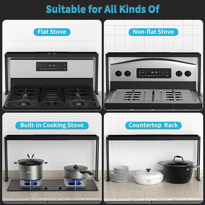 BOIVSHI Stove Top Shelf, Kitchen Over Shelf for Stove, Stove Spice Rack for Top, Adjustable 27-33inch, Fits Various Stove Lengths, Kitchen Spice Organizer, Condiments and BBQ Sauces, Black