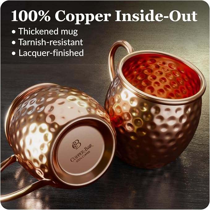 COPPER-BAR Moscow Mule Copper Mugs - Unique HANDCRAFTED Gift Set of 4, Hammered by Artisan, 100% Pure Solid Copper Cups 16oz for Drinking Water & Cocktails, Include 19 Pcs accessories & Special Opener
