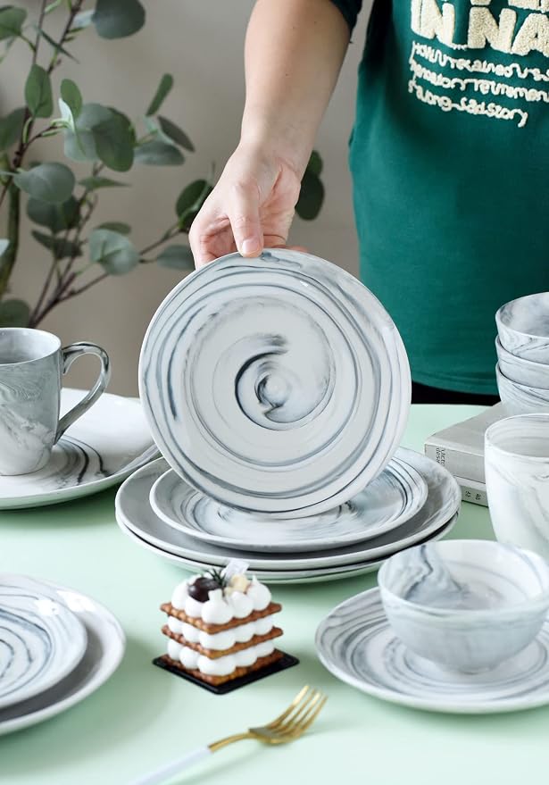 16 Piece Marble Dishes Dinnerware Sets, Marble Porcelain Dinnerware Set, Grey (4×Dinner Plates, 4×Dessert Plates, 4×Bowls, 4×Mugs, 16 Pack)