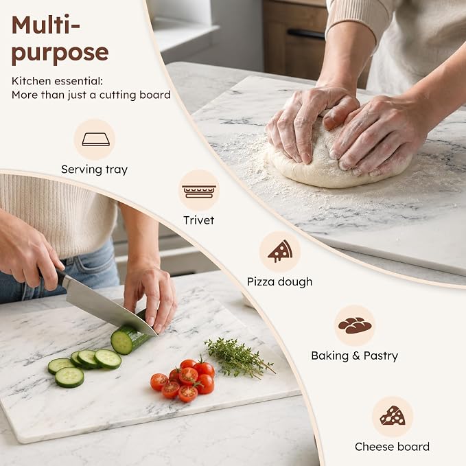 Diflart Marble Cutting Board for Kitchen Ink White 16x16 Inch Non-Slip Feet | Natural Stone Slab Pastry Board for Baking, Cheese, Service, Charcuterie, Dough, Chocolate, Pack of 1 Piece