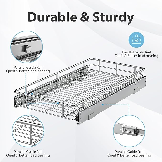 ZOINLIY Pull Out Cabinet Organizer, Versatile Slide Out Kitchen Organizers and Storage,Heavy Duty Drawer Cupboard Storage Basket, Smooth Sliding, Chrome Finish,11.8" W x 21" D