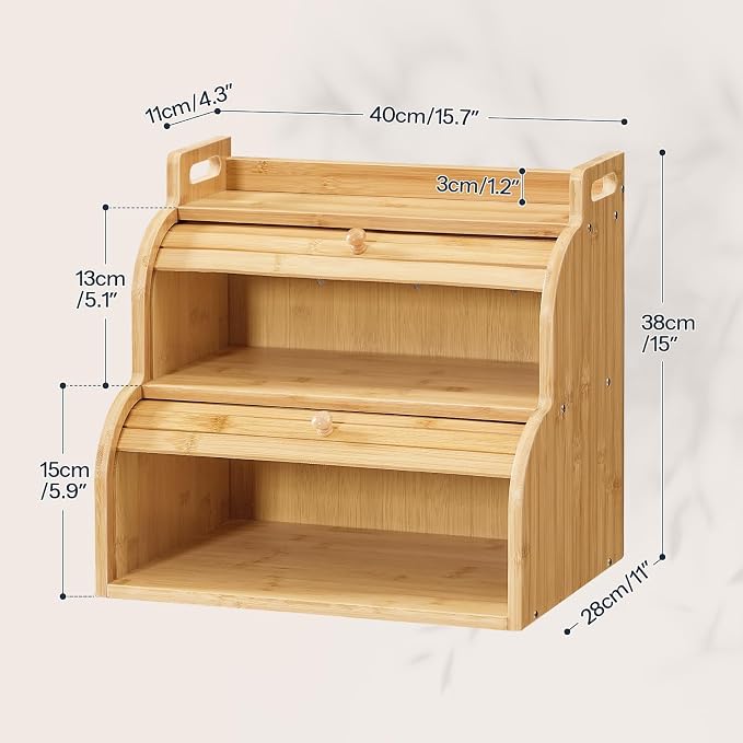 HOOBRO Bread Box, Bamboo Bread Box for Kitchen Countertop, 2-Tier Roll-Top Bread Bin, Food Storage Box, Bamboo Storage Cabinet with Handles, for Kitchen, Dining Room, Natural YL15MB01