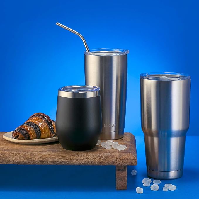CHILLOUT LIFE 12 oz Stainless Steel Wine Tumbler with Lid - Double Wall Vacuum Insulated Wine Cup Glass Keeping Cold & Hot for Coffee, Champagne, Cocktails, Ice Cream - Powder Coated Black