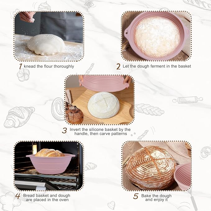 4-Pack Reinforced Silicone Banneton Bread Proofing Baskets for Sourdough, 9" Round Non-Stick Proofing Bowls with Dual Handles, Built-In Rim Support, Oven, Freezer & Dishwasher Safe, Foldable, BPA Free