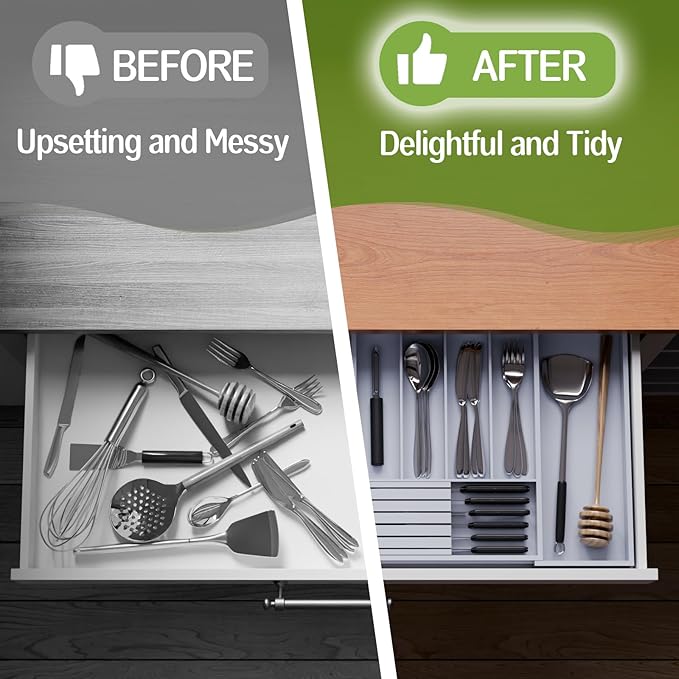 Bamboo Kitchen Silverware Drawer Organizer - Expandable Wood Utensil Holder with Dividers, Luxury Cutlery Storage Tray for Kitchen Utensil and Flatware (5-7 Slots with Removable Knife Block, Grey)