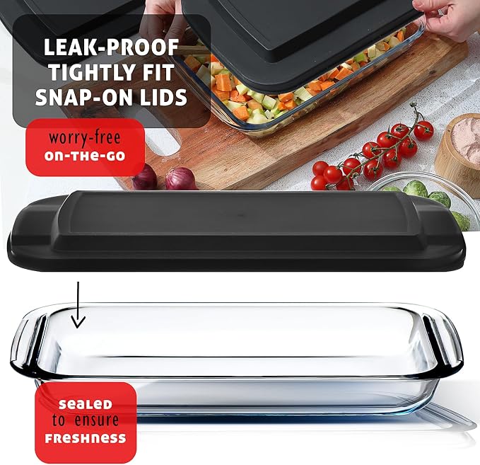 Nestl 16 pc Glass Baking Dishes for Oven, Glass Food Storage Containers with Lids, Leakproof Casserole Dishes for Oven with Lid, Cooking, Microwave Oven Freezer Safe Bakeware, 9x13 Lasagna Pan Black