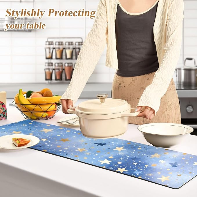 2 in 1 Table Runner Trivet for Hot Pots and Pans Heat Resistant Non Slip Waterproof 39 x 12 Inch Decorative Table Protector for Kitchen Countertop Blue Romantic Golden Stars