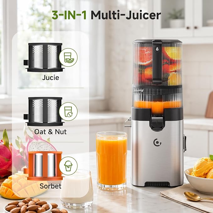 AMZCHEF 3-in-1 Cold Press Juicer, 6.5" Wide Feed Chute Slow Masticating Juicer Extractor for Whole Fruits & Vegetables, High Juice Yield, Quiet Motor, Easy Clean for Plant-Based Diet