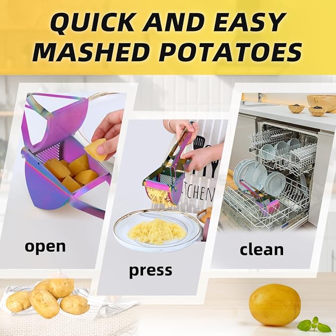 QRU Large Potato Ricer, Heavy Duty Stainless Steel Potato Masher for Commercial and Home Use, Fruit Press Baby Food Masher (Rainbow)