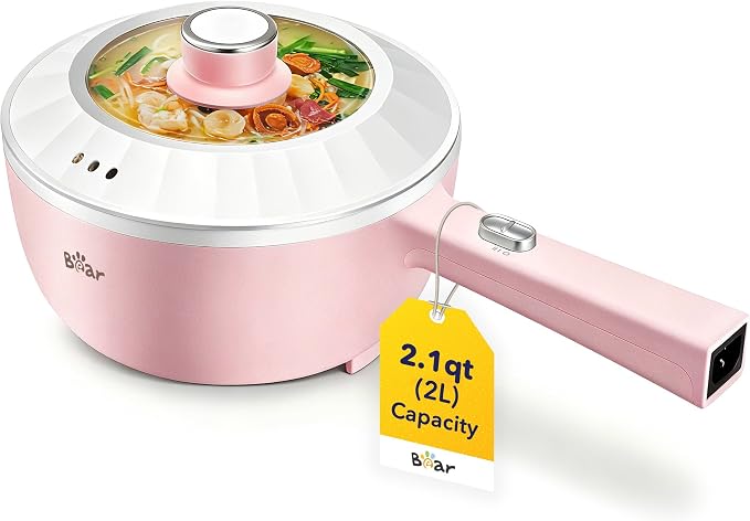 Bear 2L Non-Stick Hot Pot，1000W | Multifunctional Portable Cooking Pot, Rapid Noodles Electric, Non-Stick Frying Pans for Steak, Egg, Ramen, Oatmeal