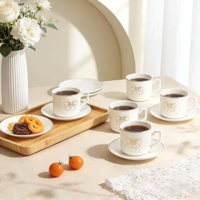 ALIMOTA 3.5oz Ceramic Coffee Espresso Cup with Saucers Set, Elegant Bow Deco Coffee Cup Gift for Cappuccino, Tea, Espresso, Latte, Coffee, Cafe Mocha, Set of 6, White
