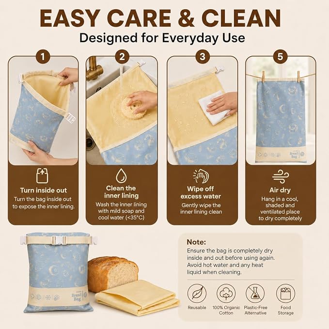 Cotton Beeswax Bread Bags for Sourdough - 3 Pack Reusable 2XL Set with Beeswax Wrap & Buckle Closure, Freezer Safe, Eco-Friendly Organic Storage for Homemade Artisan Loaves