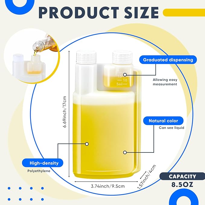 Lounsweer 12 Pcs Plastic Flask with Built in 1oz Shot Glass Graduated Chamber with Caps, Measuring Bottles One for Filling and One for Dispensing, to Store, Measure Dispense Liquids (8.5oz)