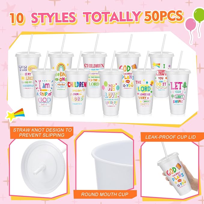 Uiifan 50 Pcs VBS Christian Tumblers with Straws for Kids, Bible Verse Cups for VBS, Sunday School, Church Party Favors and Faith Gifts, Reusable Plastic Tumblers with Lids, 24 oz, White