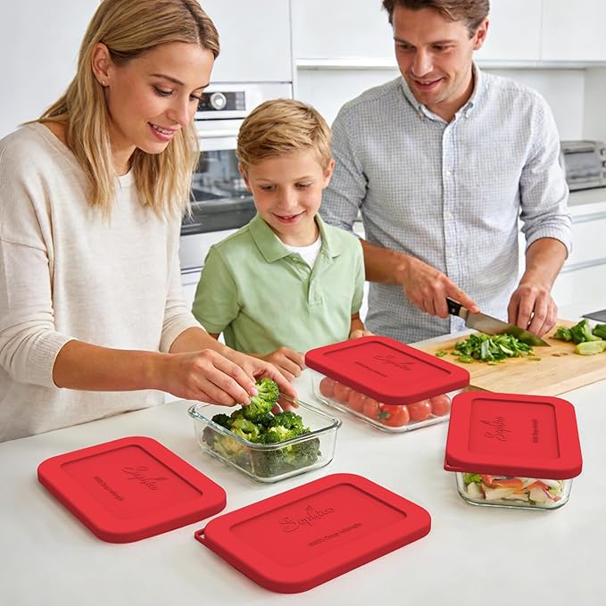 Sophico Silicone Storage Lids Cover Replacement for Pyrex Freshlock and SNAPWARE 2CUP(8602), Rectangle Glass Bowls Containers Set, Airtight Lids, 4 Pack