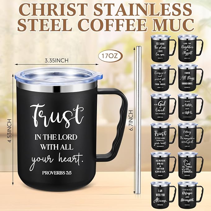 Sieral 12 Pcs Christian Gifts Coffee Mugs with Straw Lid 17 oz Religious Cups with Bible Stainless Steel Tumbler Inspirational Gifts for Women Men Pastor's Church Group(Black,Bible Verse)