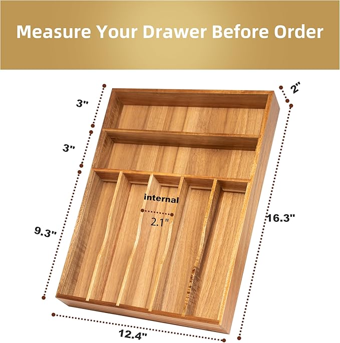 Silverware Organizer Acacia Kitchen Drawer Organizer Utensil Organizer Silverware Holder Cutlery Organizer in drawer Flatware Organizer Tray (Acacia 7 Slots)