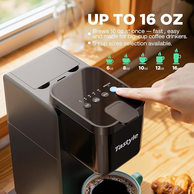 Tastyle Single Serve Coffee Maker for K Cup and Ground Coffee | Brew up to 16 Oz, Fits 7.3'' Travel Mug | Hot, Bold & Over Ice | Compact for Office, RV& Hotel, Classic Black (3.0 Version)