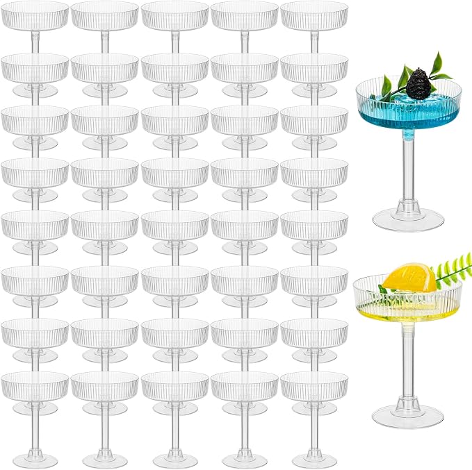 50 Pcs Ribbed Martini Glasses 5 oz Disposable Plastic Vintage Ribbed Coupe Glasses Cocktail Unbreakable Dessert Parfait Glassware for Wedding Party Supplies (Clear)