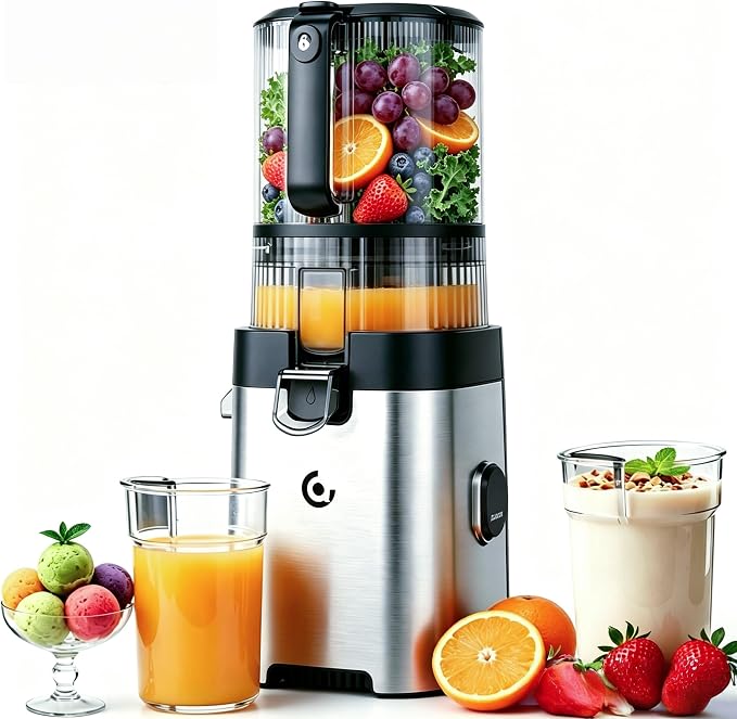 AMZCHEF 3-in-1 Cold Press Juicer, 6.5" Wide Feed Chute Slow Masticating Juicer Extractor for Whole Fruits & Vegetables, High Juice Yield, Quiet Motor, Easy Clean for Plant-Based Diet