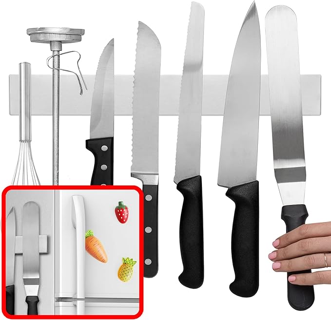 Modern Innovations 14 Inch Magnetic Knife Holder for Refrigerator, Magnetic Knife Holders for Fridge or Kitchen Wall No Drilling, Magnet Strips for Knives & Metal Utensils, Tool Rack, Stainless Steel