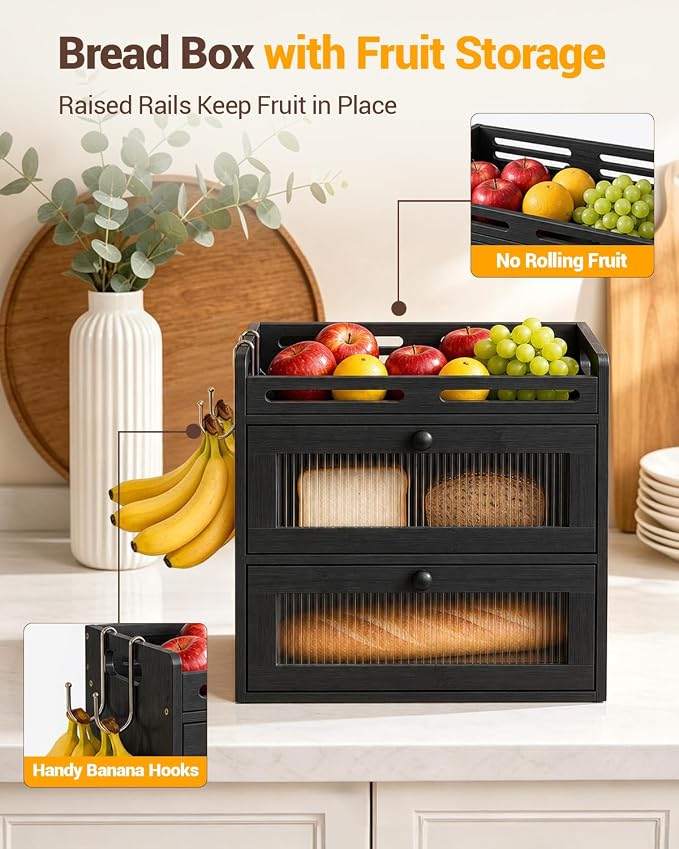 Bread Box for Kitchen Countertop, 2-Tier Bamboo Bread Storage Container with Acrylic Window, Raised-Rail Top Shelf and 2 Banana Hooks, Farmhouse Counter Organizer for Pantry, Black