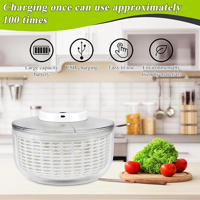 Electric Salad Spinner 6.3QT Large Capacity - Automatic Fast Drying Lettuce & Vegetable Spinner Serves 6-12 Persons with Squeeze Bottle, USB Rechargeable & Built-in Strainer